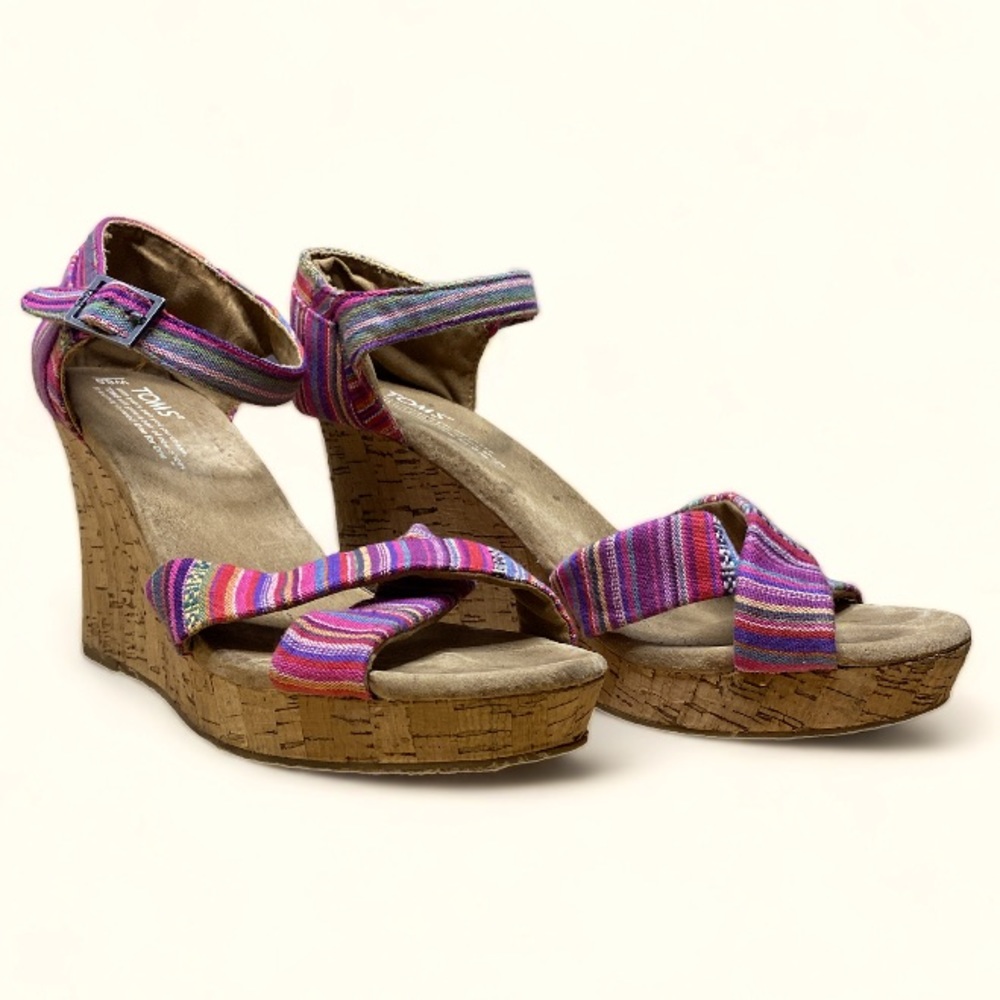 TOMS Colorful Siena Strap Sandals Wedge Cork Heels Size 8.5 Women’s Beachy Boho